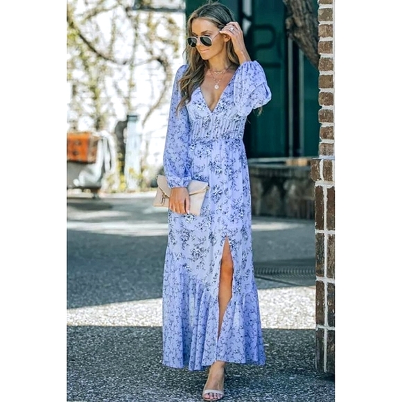 LAST ONE! Plus Size DREW Blue Floral Print Maxi Dress With Bubble Sleeves - Picture 2 of 7